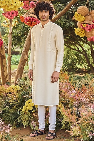 Ivory Handloom Chanderi Kurta Set by Punit Balana Men