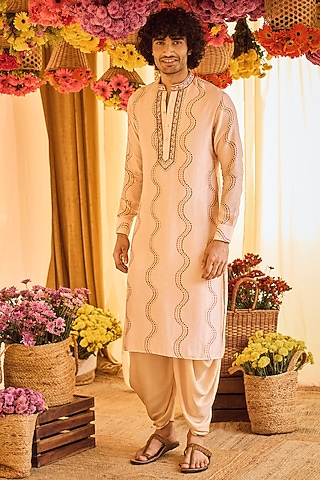 Blush Pink Printed Kurta Set by Punit Balana Men