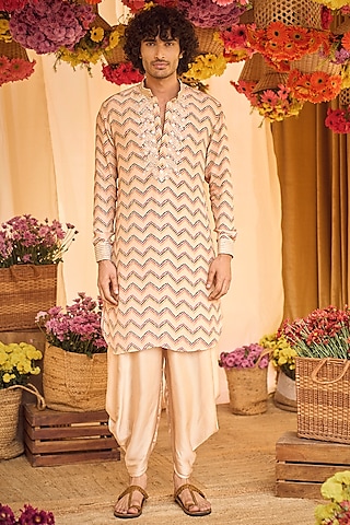Blush Pink Bandhani Printed Kurta Set by Punit Balana Men