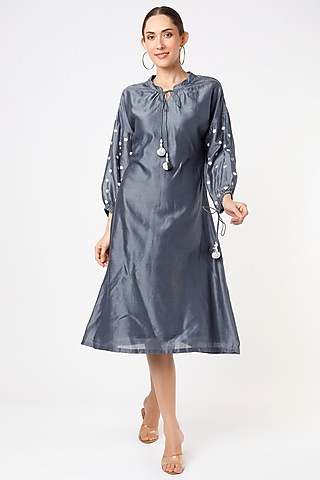 Dark Grey Hand Embroidered A-Line Dress by Label Pankhuri by Priyanka