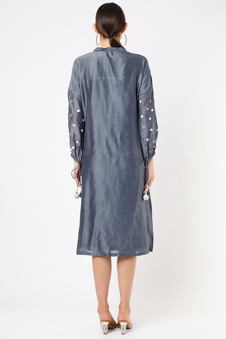 Dark Grey Hand Embroidered A-Line Summer Dress by Label Pankhuri by Priyanka at Pernia's Pop Up Shop