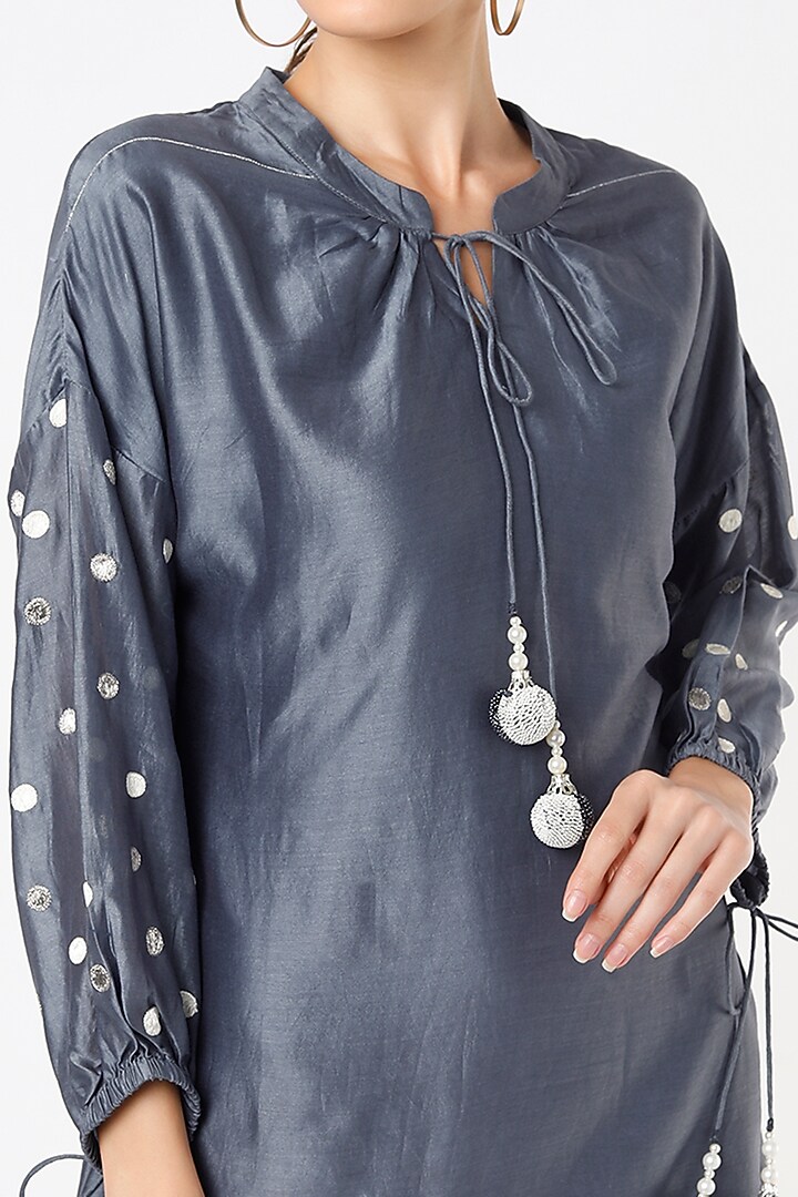 Dark Grey Hand Embroidered A-Line Summer Dress by Label Pankhuri by Priyanka at Pernia's Pop Up Shop