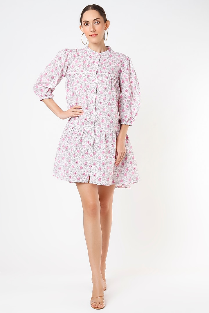 White Hand Block Printed Gathered Summer Dress by Label Pankhuri by Priyanka at Pernia's Pop Up Shop