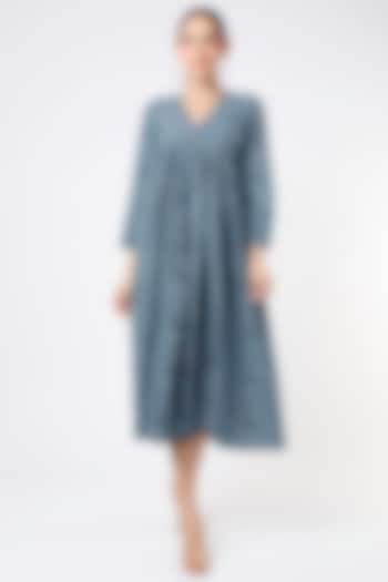 Dull Blue Hand Block Printed Summer Dress by Label Pankhuri by Priyanka at Pernia's Pop Up Shop