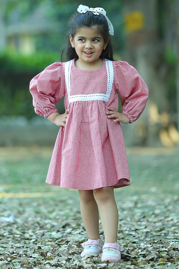 Red Cambric Cotton Checkered Dress For Girls by Pankhuri by Priyanka - Kids at Pernia's Pop Up Shop