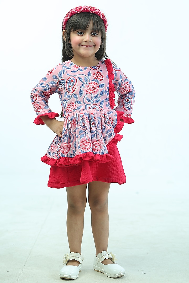 White & Red Cambric Cotton Block Printed Ruffled Dress For Girls by Pankhuri by Priyanka - Kids at Pernia's Pop Up Shop