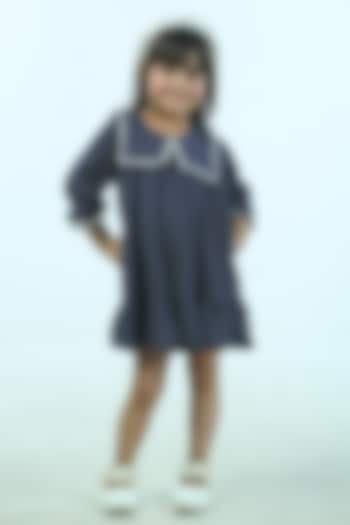 Dark Blue Mulmul Polka Dot Dress For Girls by Pankhuri by Priyanka - Kids at Pernia's Pop Up Shop