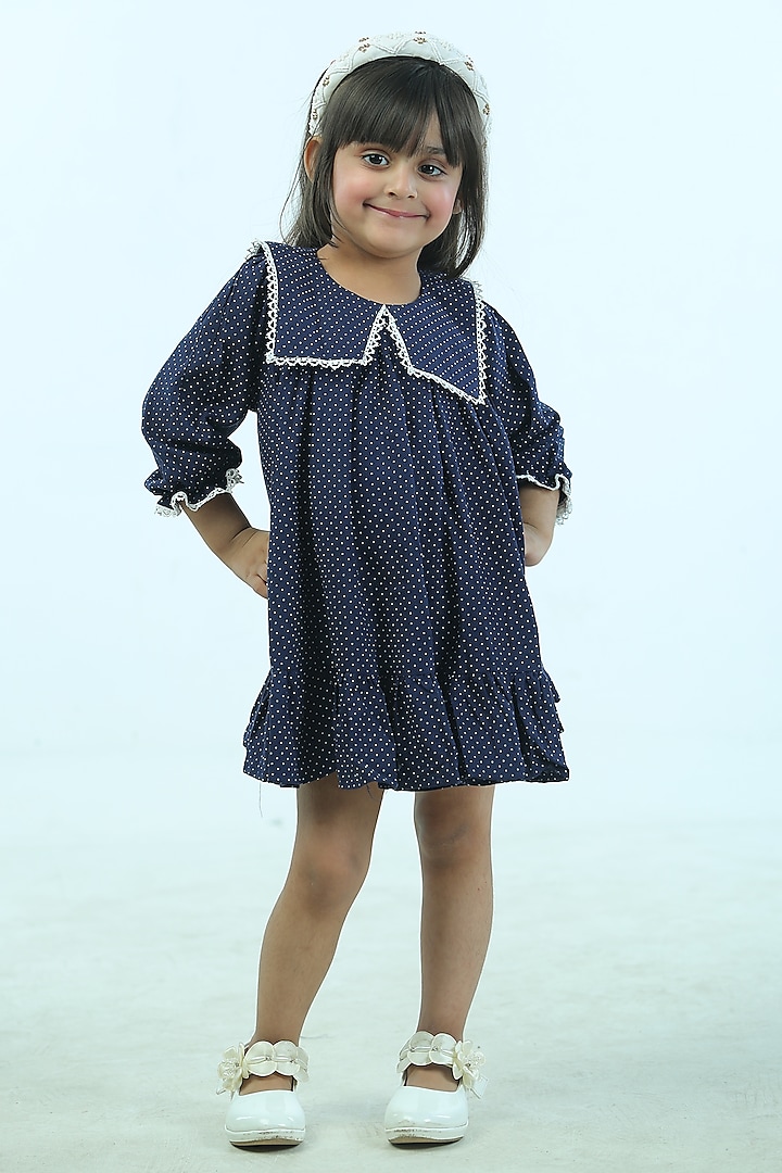 Dark Blue Mulmul Polka Dot Dress For Girls by Pankhuri by Priyanka - Kids at Pernia's Pop Up Shop