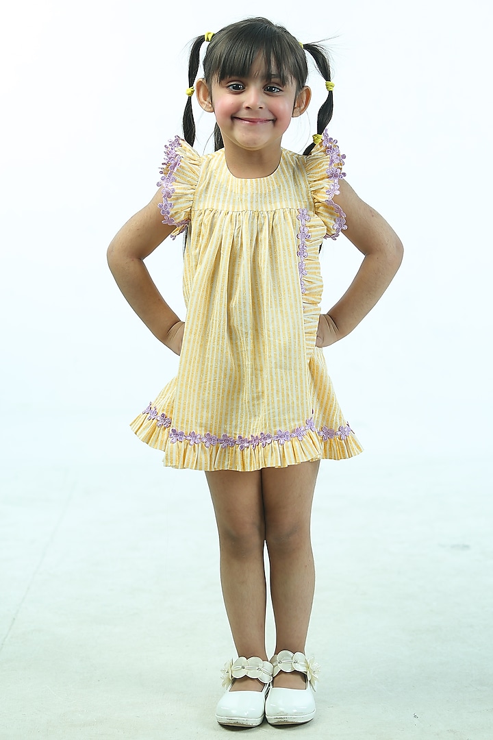 Lemon Yellow & White Cambric Cotton Striped Dress For Girls by Pankhuri by Priyanka - Kids at Pernia's Pop Up Shop