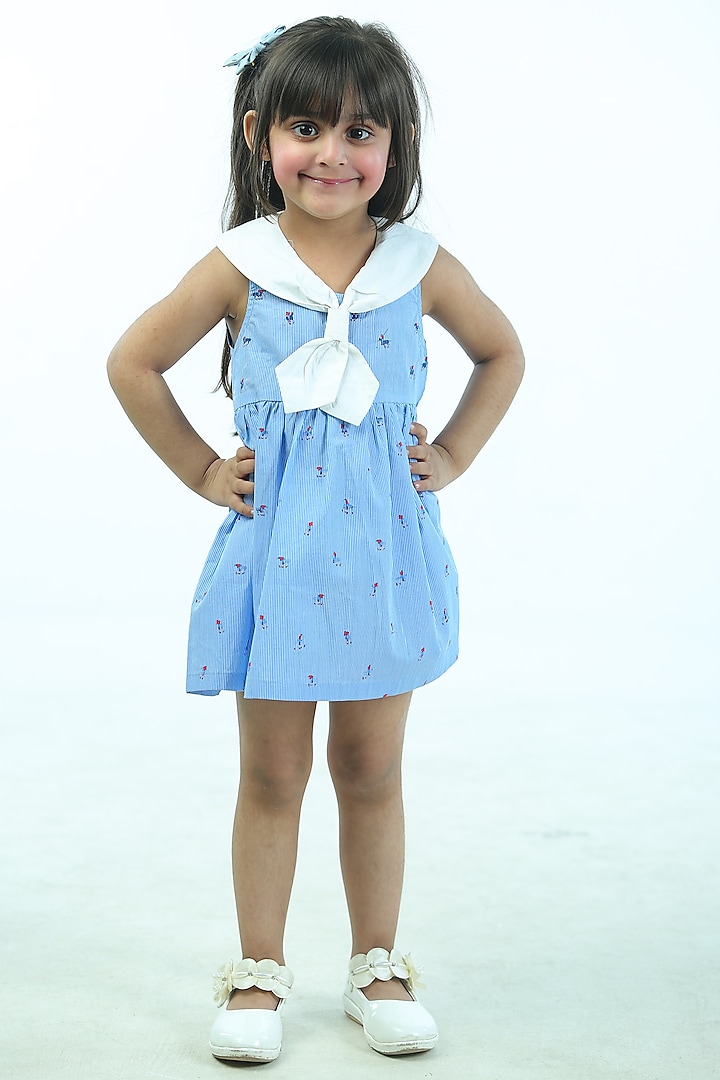 Blue Cambric Cotton Striped Dress For Girls by Pankhuri by Priyanka - Kids at Pernia's Pop Up Shop