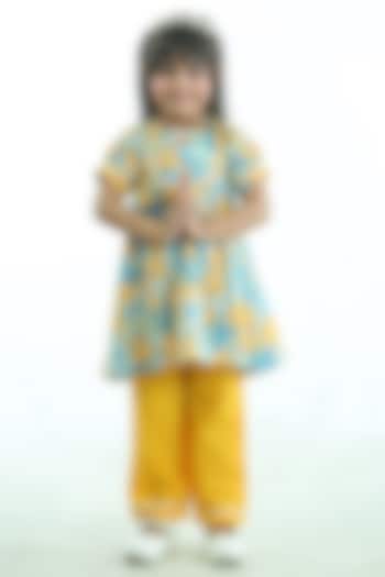 Yellow & Blue Cotton Floral Printed Gathered Kurta Set For Girls by Pankhuri by Priyanka - Kids at Pernia's Pop Up Shop