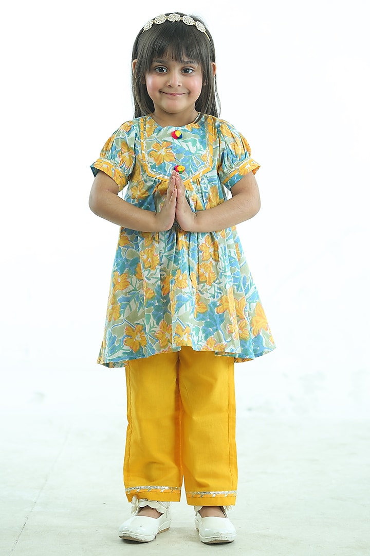 Yellow & Blue Cotton Floral Printed Gathered Kurta Set For Girls by Pankhuri by Priyanka - Kids at Pernia's Pop Up Shop