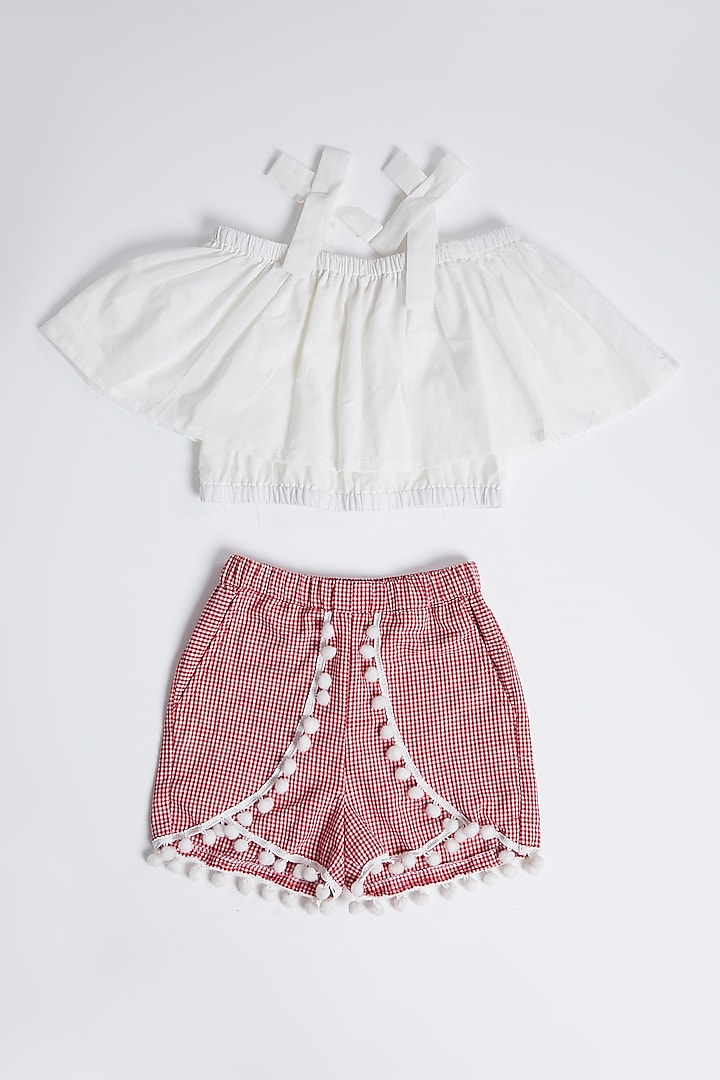 White Off Shoulder Top With Red Shorts For Girls by Pankhuri by Priyanka - Kids