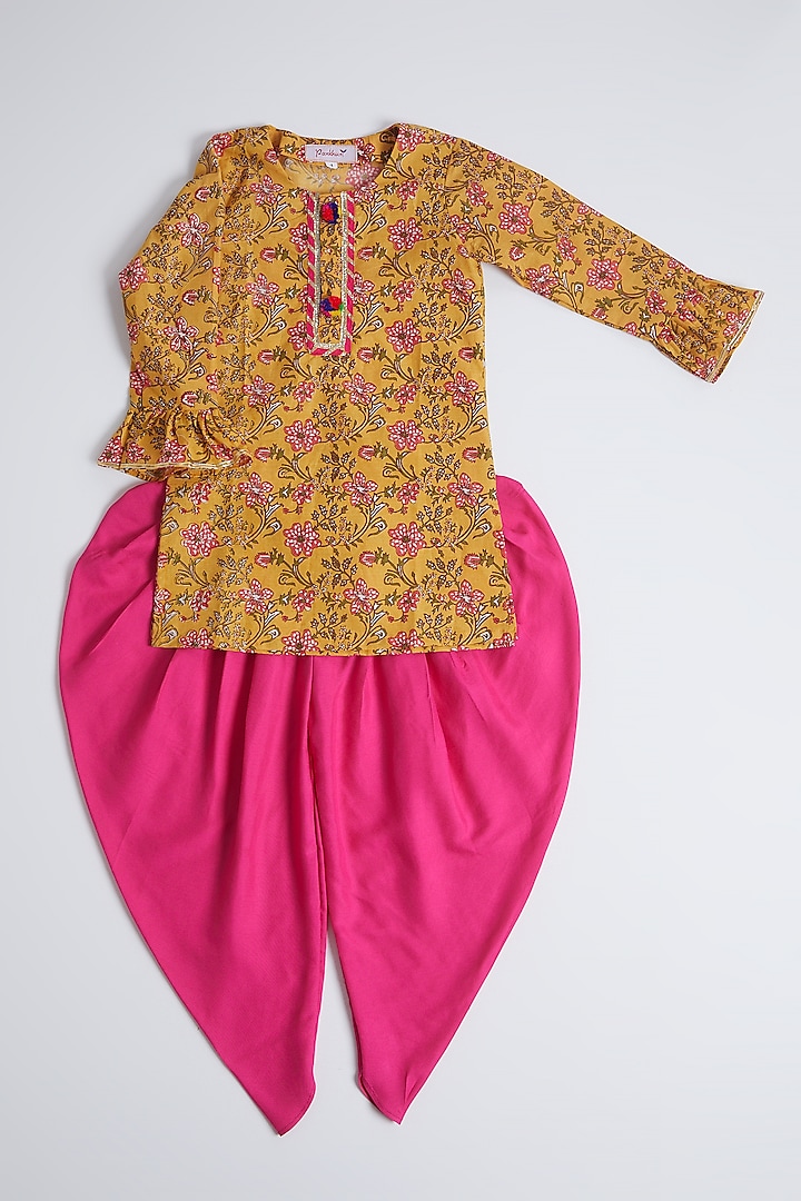 Turmeric Yellow & Pink Printed Dhoti Set For Girls by Pankhuri by Priyanka - Kids