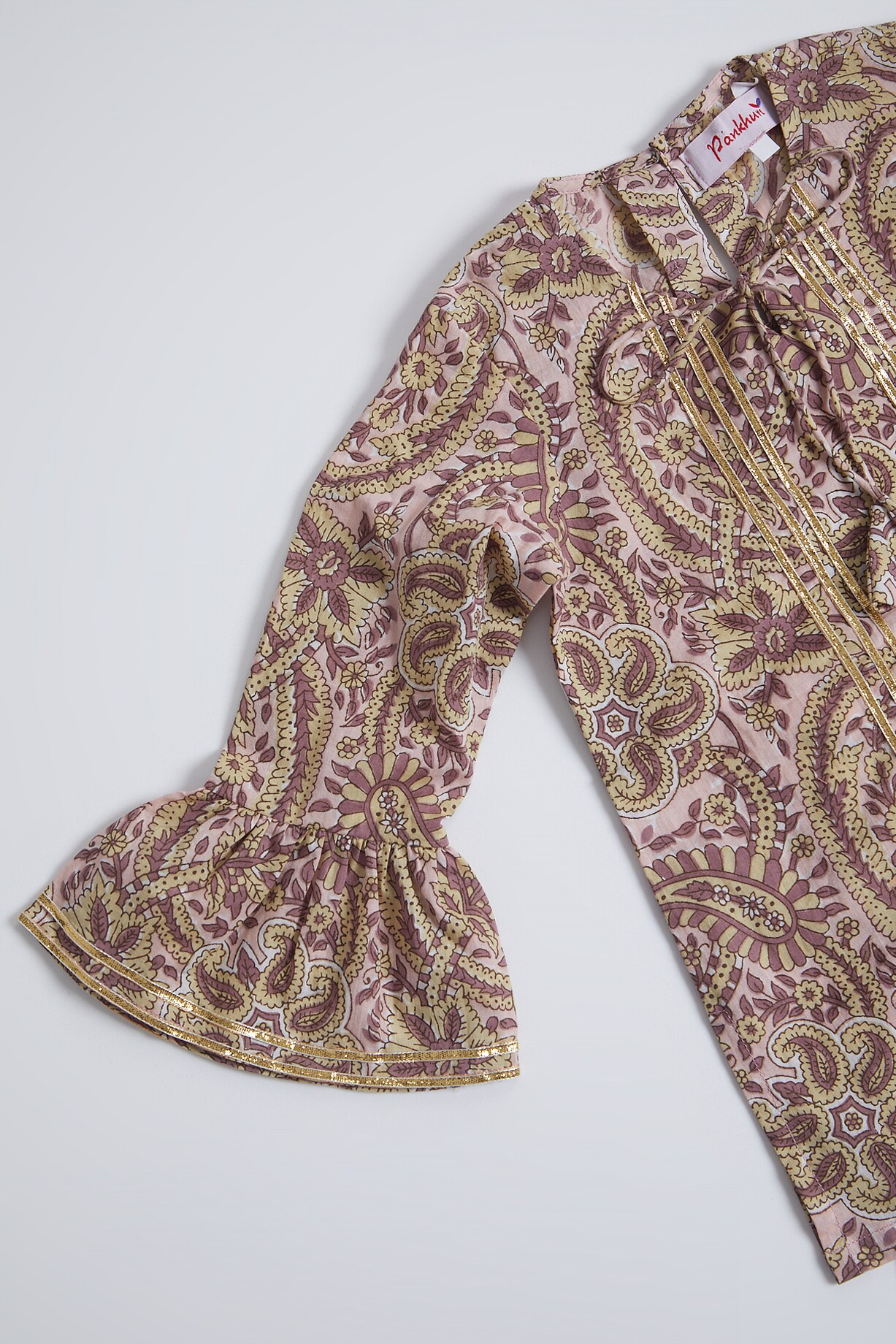 Beige block printed kurta set