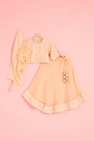 Peach Organza Mirror Embroidered Lehenga Set For Girls by Pankhuri by Priyanka - Kids