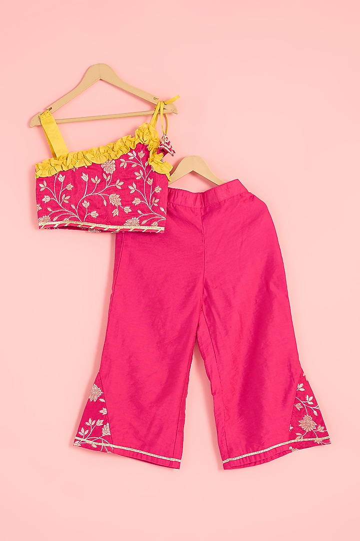 Fuchsia Zari Chanderi Blend Embroidered Palazzo Pant Set For Girls by Pankhuri by Priyanka - Kids at Pernia's Pop Up Shop