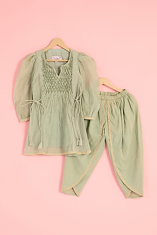 Sage Green Pure Chanderi Moti Hand Embroidered Kurta Set For Girls by Pankhuri by Priyanka - Kids
