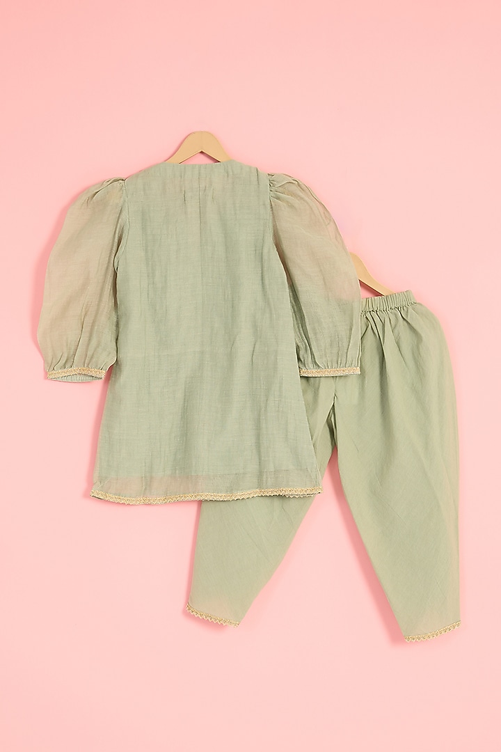 Sage Green Pure Chanderi Moti Hand Embroidered Kurta Set For Girls by Pankhuri by Priyanka - Kids at Pernia's Pop Up Shop