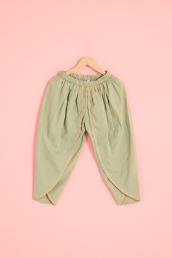 Sage Green Pure Chanderi Moti Hand Embroidered Kurta Set For Girls by Pankhuri by Priyanka - Kids at Pernia's Pop Up Shop
