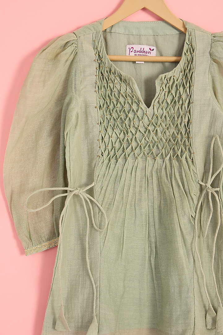 Sage Green Pure Chanderi Moti Hand Embroidered Kurta Set For Girls by Pankhuri by Priyanka - Kids at Pernia's Pop Up Shop