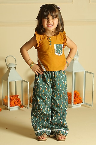 Teal Green Cotton Ikat Printed Palazzo Pant Set For Girls by Pankhuri by Priyanka - Kids