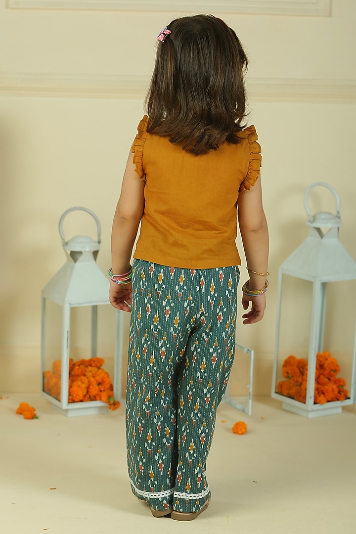 Teal Green Cotton Ikat Printed Palazzo Pant Set For Girls by Pankhuri by Priyanka - Kids at Pernia's Pop Up Shop