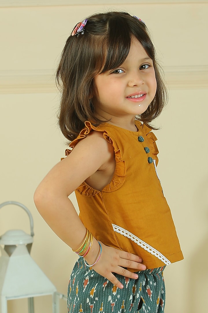 Teal Green Cotton Ikat Printed Palazzo Pant Set For Girls by Pankhuri by Priyanka - Kids at Pernia's Pop Up Shop