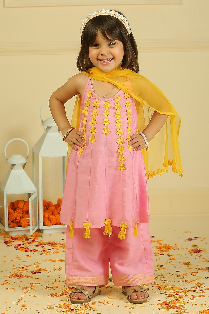 Baby Pink Chanderi Halter Kurta Set For Girls by Pankhuri by Priyanka - Kids at Pernia's Pop Up Shop