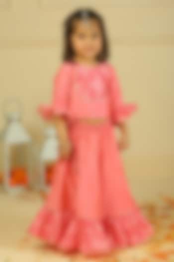 Pink Chanderi Bandhani Printed Flared Lehenga Set For Girls by Pankhuri by Priyanka - Kids at Pernia's Pop Up Shop