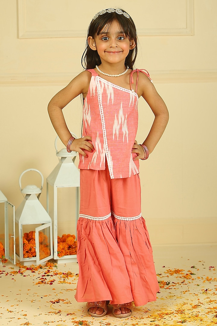 Peach Cotton Flared Sharara Pant Set For Girls by Pankhuri by Priyanka - Kids at Pernia's Pop Up Shop