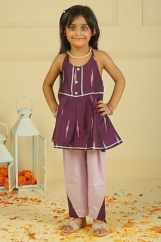 Lavender Cotton Ikat Pant Set For Girls by Pankhuri by Priyanka - Kids