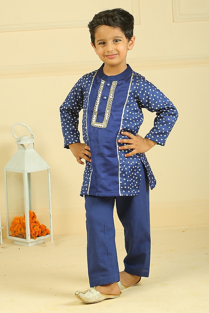 Royal Blue Modal Bandhani Printed Kurta Set For Boys by Pankhuri by Priyanka - Kids at Pernia's Pop Up Shop