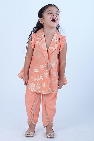 Peach Chanderi Zari Butta Dhoti Set For Girls by Pankhuri by Priyanka - Kids