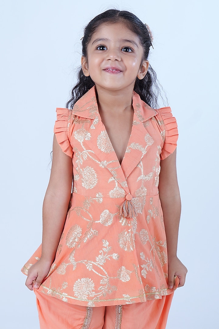 Peach Chanderi Zari Butta Dhoti Set For Girls by Pankhuri by Priyanka - Kids at Pernia's Pop Up Shop
