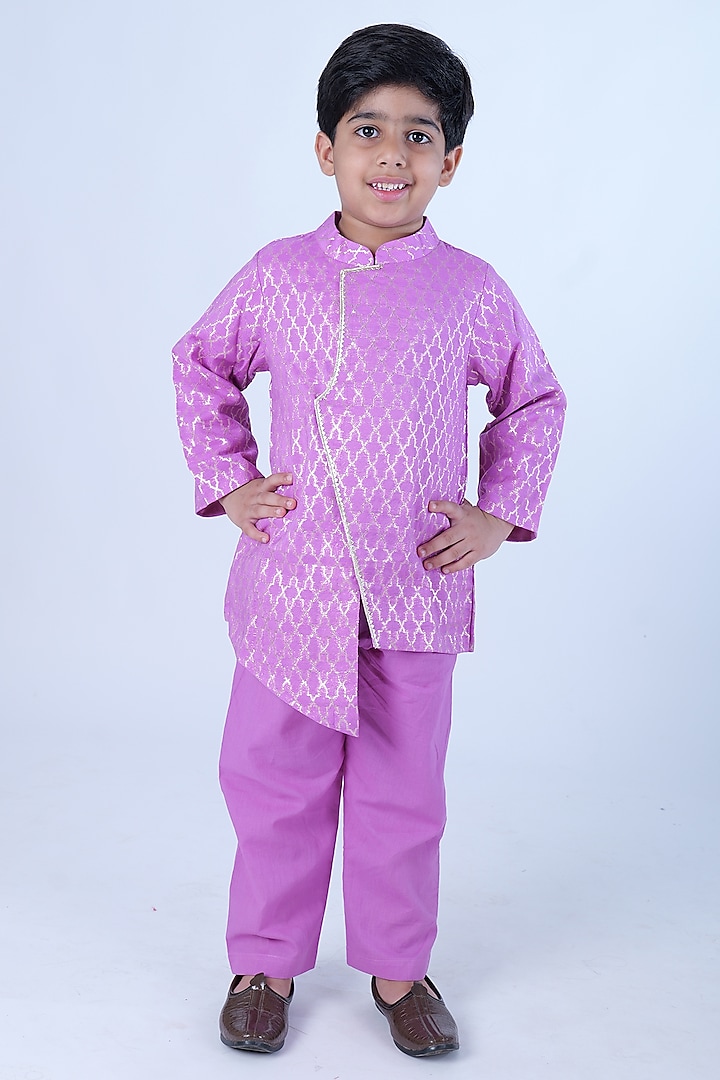 Lilac Chanderi Zari Butta Printed Kurta Set For Boys by Pankhuri by Priyanka - Kids