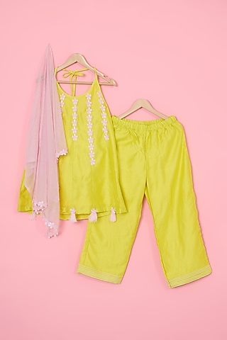Lemon Yellow Chanderi Palazzo Pant Set For Girls by Pankhuri by Priyanka - Kids