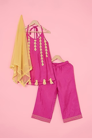 Rani Pink Chanderi Palazzo Pant Set For Girls by Pankhuri by Priyanka - Kids