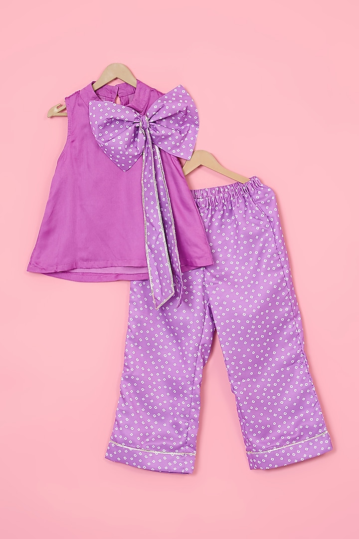 Purple Modal Satin Bandhani Printed Co-ord Set For Girls by Pankhuri by Priyanka - Kids at Pernia's Pop Up Shop