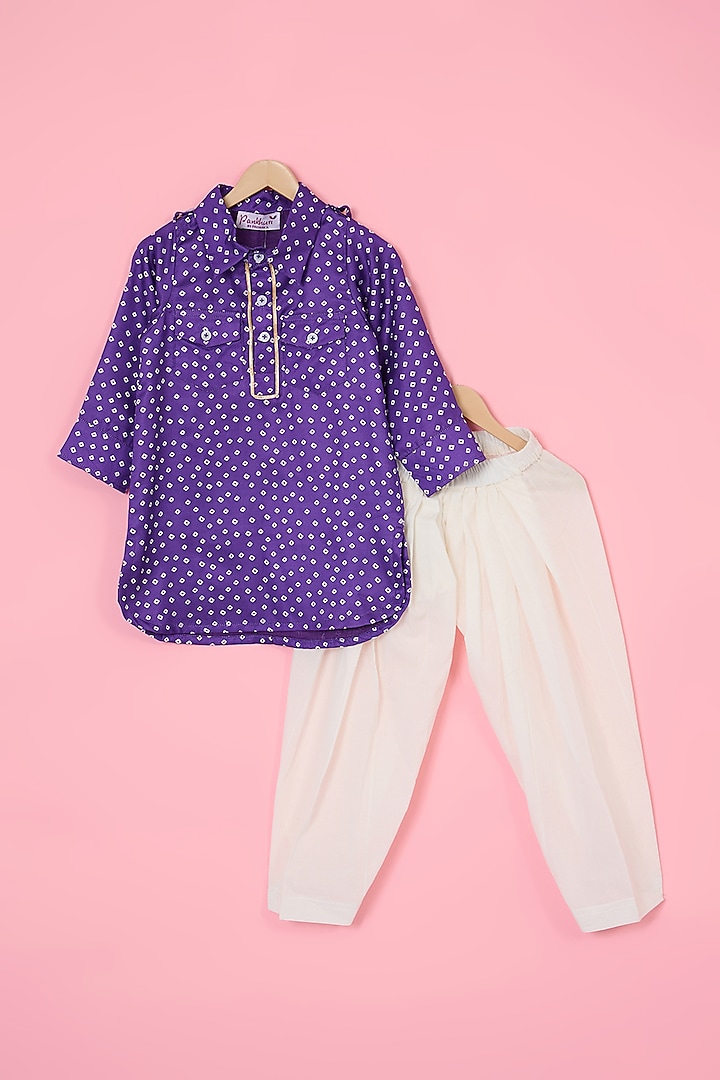 Purple Modal Satin Bandhani Printed Kurta Set For Boys by Pankhuri by Priyanka - Kids at Pernia's Pop Up Shop