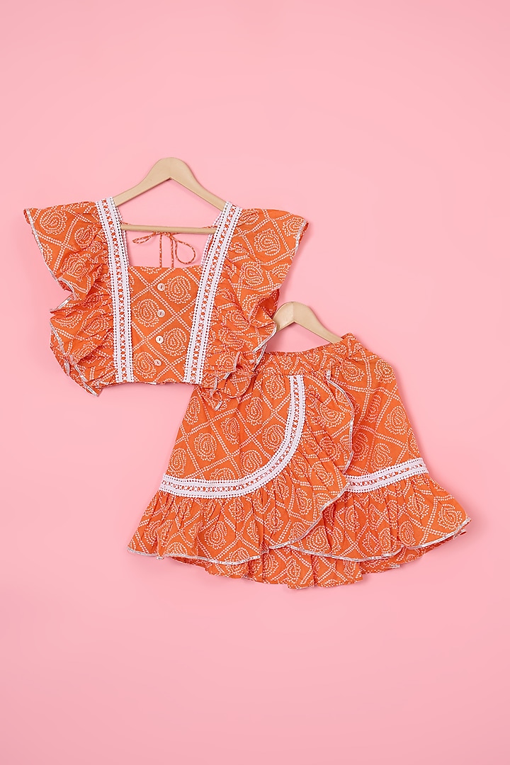 Orange Cotton Ruffled Skirt Set For Girls by Pankhuri by Priyanka - Kids at Pernia's Pop Up Shop