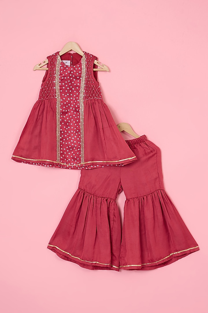 Red Modal Satin Bandhani Gharara Set For Girls by Pankhuri by Priyanka - Kids at Pernia's Pop Up Shop