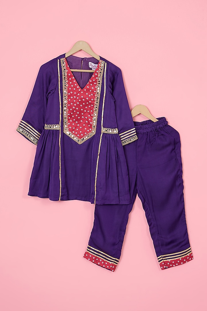 Purple Modal Satin Lace Embellished Kurta Set For Girls by Pankhuri by Priyanka - Kids at Pernia's Pop Up Shop