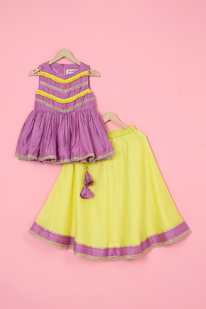 Neon Yellow Chanderi Lehenga Set For Girls by Pankhuri by Priyanka - Kids at Pernia's Pop Up Shop