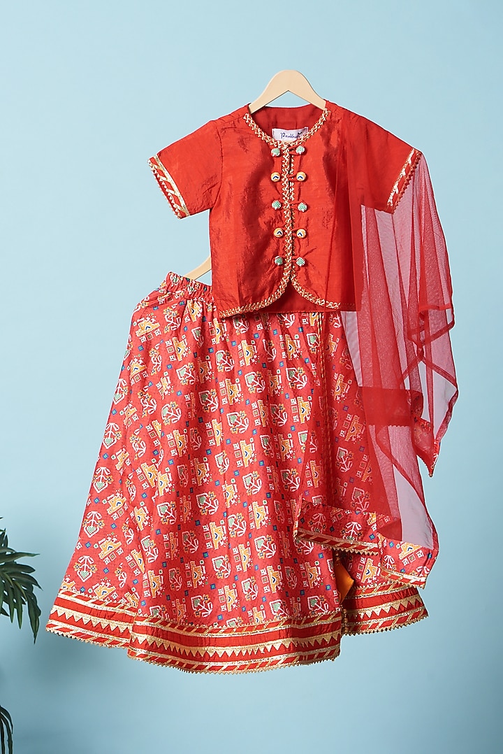 Red Printed Lehenga Set For Girls by Pankhuri by Priyanka - Kids