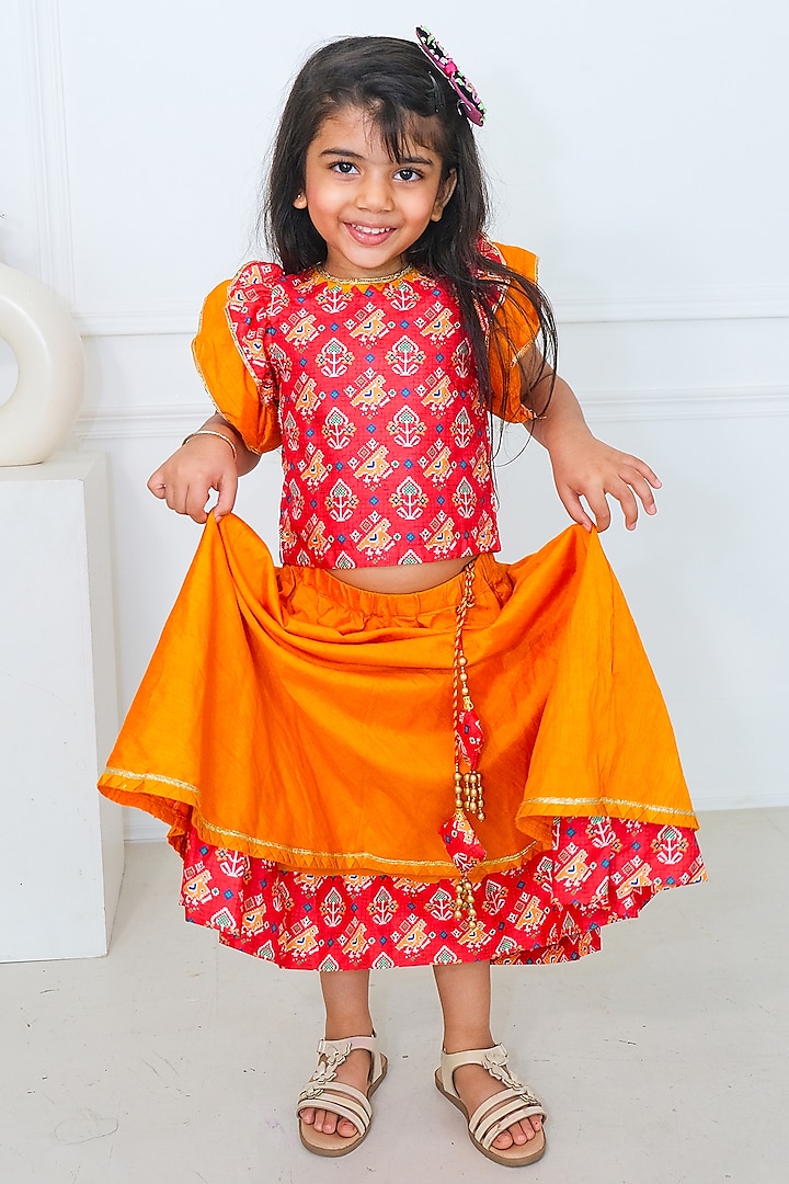 Red & Yellow Silk Patola Printed Lehenga Set For Girls by Pankhuri by Priyanka - Kids at Pernia's Pop Up Shop