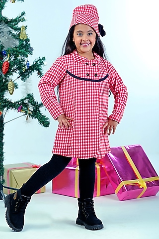 Red & Black Corduroy Checkered Printed A-Line Dress For Girls by Pankhuri by Priyanka - Kids