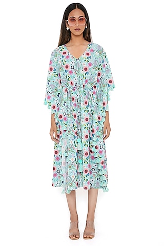 Aqua Crepe Floral Printed Kaftan by PS Pret by Payal Singhal