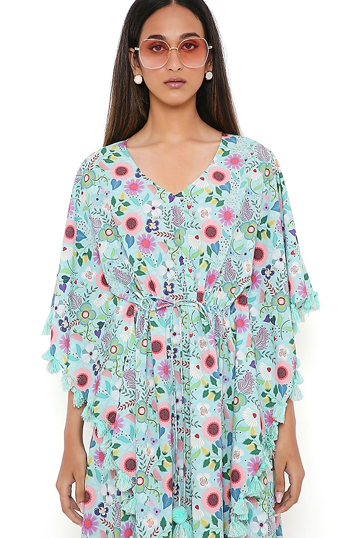 Aqua Crepe Floral Printed Kaftan by PS Pret by Payal Singhal at Pernia's Pop Up Shop