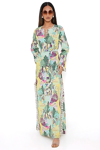 Yellow Art Crepe Printed Kaftan With Belt by PS Pret by Payal Singhal